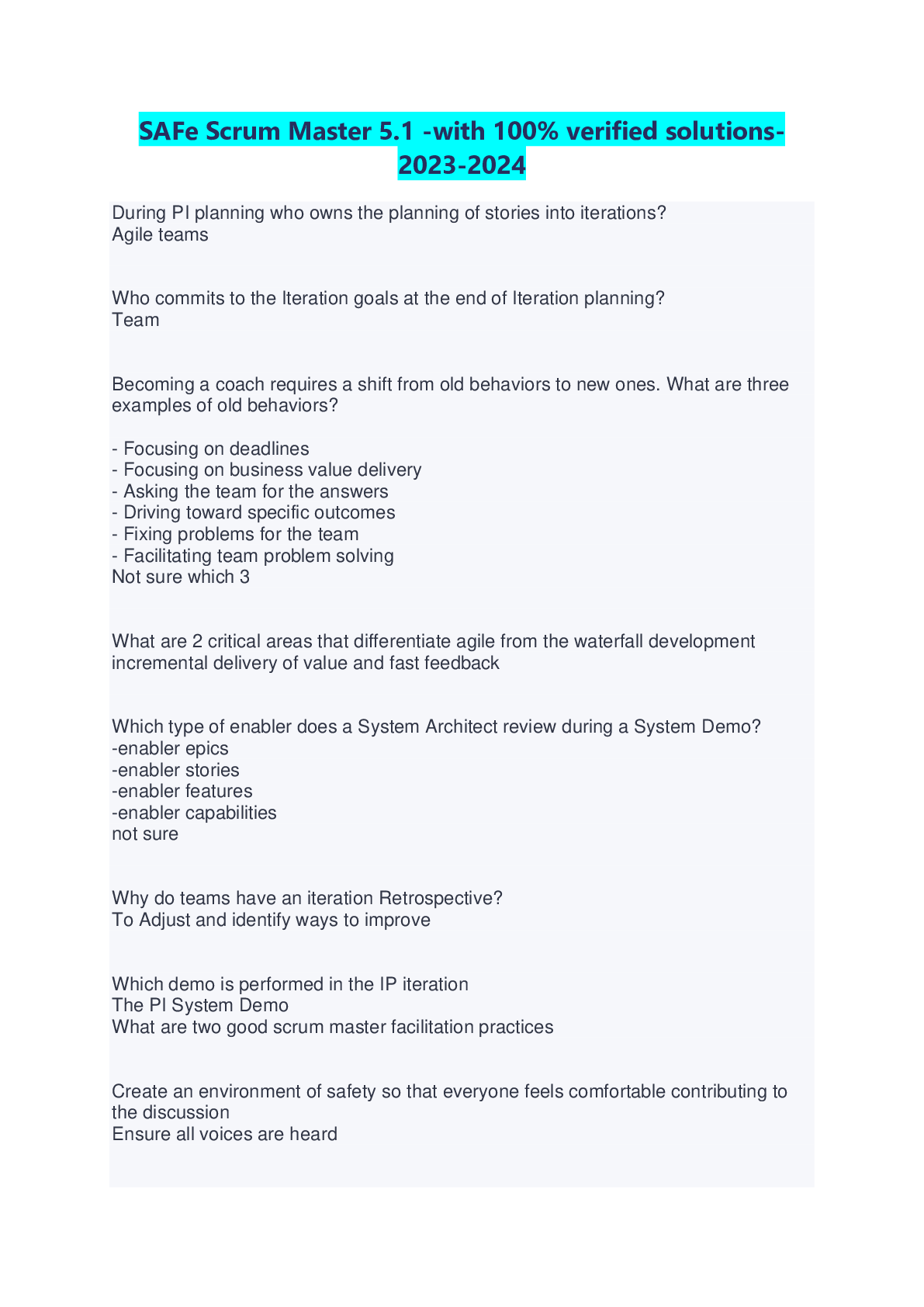 Preview image for SAFe Scrum Master 5.1 -with 100% verified solutions-2023-2024